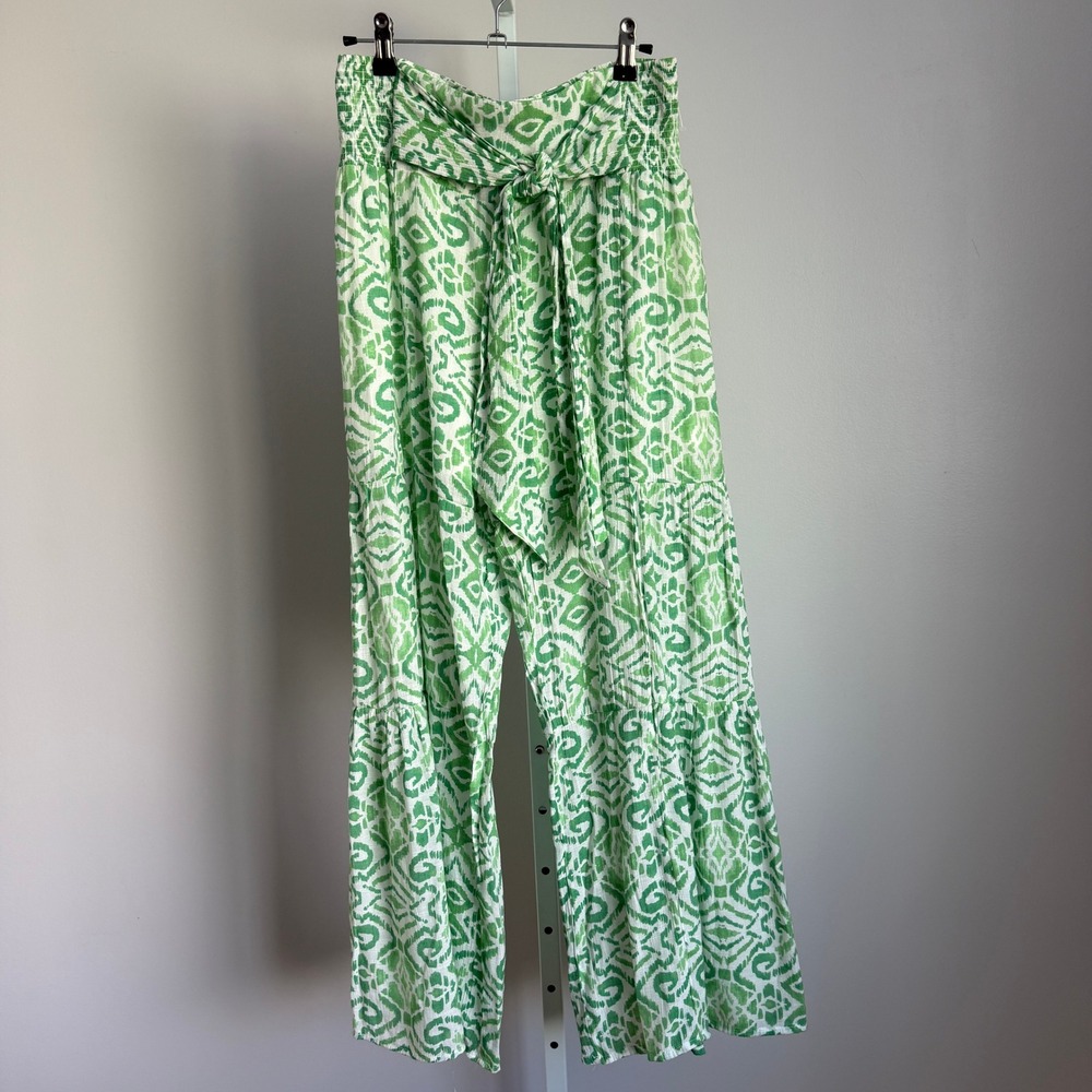 Nanette Lepore Green White Print Palazzo Pants Smocked Waist Tie Size S